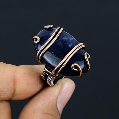 Natürlicher Sodalith Edelstein Handgefertigter Kupferdraht Wickel Geschenk Ring Größe 6.5 s4g82