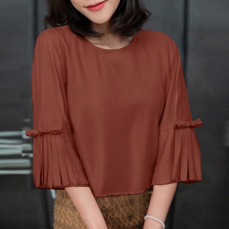 

ZANZEA Женская повседневная блузка с круглым вырезом, однотонная, свободного кроя, с рукавом до локтя 5XL ржавый