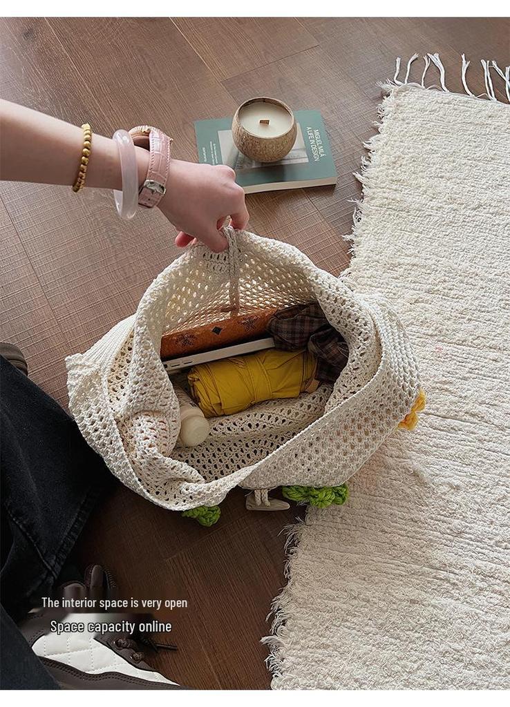 2026 Women's One-Shoulder Tote: Large Capacity, Three-Dimensional Floral Hollow Woven Design