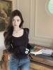Women's Slim-Fit Velvet Shoulder T-Shirt - Autumn/Winter Long-Sleeve Chic Top