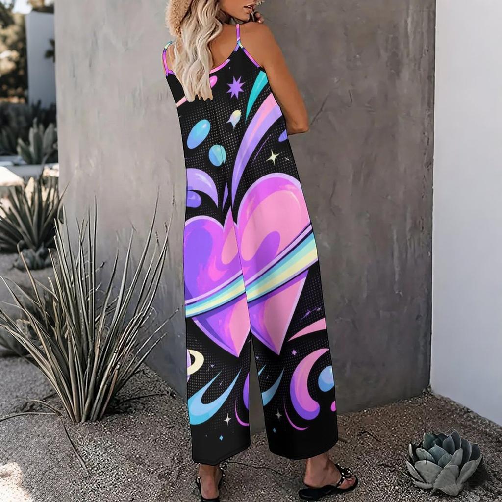 Damen Spaghettiträger Jumpsuit Moderner Abstraktes Herz Punkt Streifen Print Weite Hosen Mit Taschen