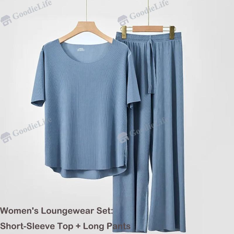 Couple Ice Silk Pajamas Set Summer Women Round Neck Short Sleeve Long Pants Men Shorts Seamless Homewear