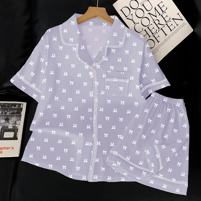 French Ice Silk Pajamas Women'S Summer Printing Loose Short-Sleeved Cardigan Loungewear Two-Piece Set Can Be Worn Outside