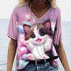 Women's T-Shirt Color Cat 3d Printing Short-Sleeved Fashion Casual Street V-Neck Oversized High-Quality Summer Women's Clothing
