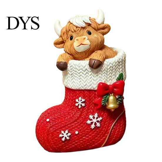 Resin Christmas Statues Highland Cow Stocking Figurine, Xmas Tree Cattle Holiday Figurines Statue, Animal Sculpture for Desktop Decoration Festive
