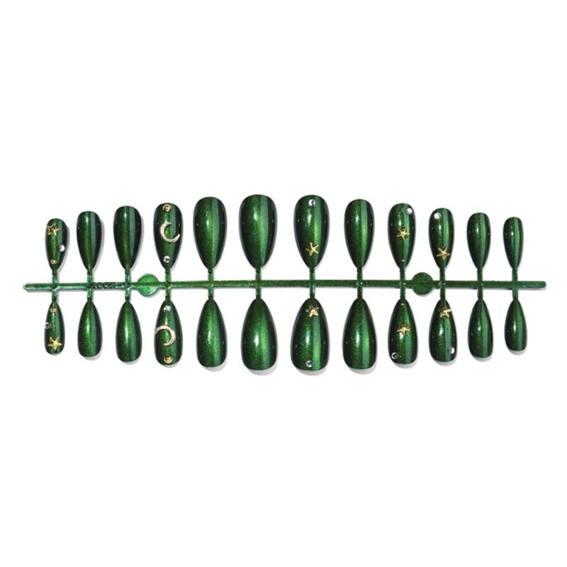 Fashion Press On Nail With Emerald Cats Eye Design Lightweight Full Cover Stick On Nail for Women Manicure