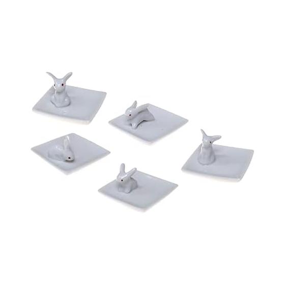 White Porcelain Square Small Dish Rabbit Chopstick Rest Set, Ceramic, Set of 5, Rabbit, Chopstick Rest, Spoon Rest, Chopstick Holder, Rabbit, Made in