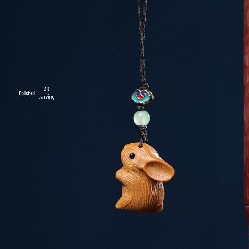 Rosewood Boxwood Green Sandalwood Carved Rabbit Phone Charm Pendant