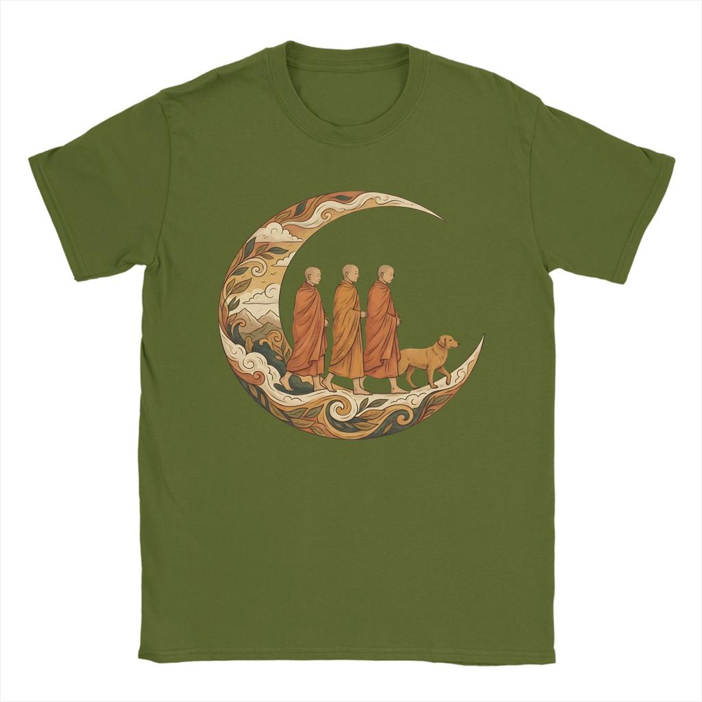 Walking for Peace Mönche und Hund im Halbmond Herren T-Shirts Crazy T-Shirt Kurzarm T-Shirt Baumwolle Übergröße Kleidung