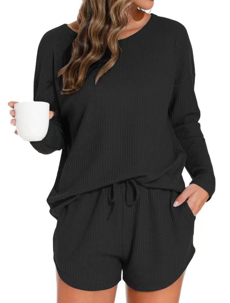 2025 Women's Solid Color Round Neck Casual Long Sleeve Pocket Set