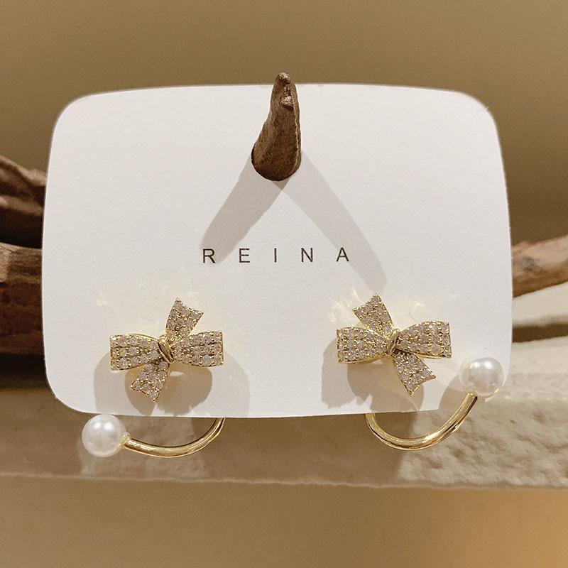 Trendy Korean Bowknot Earrings With Full Rhinestones For Women Fashion Accessories