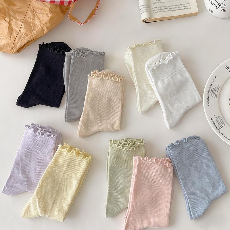 Women's Pure Cotton Candy Color Ruffle Mid-Calf Socks - Soft, Versatile, and Solid Color