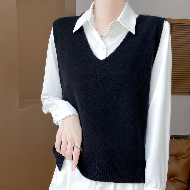 

Cashmere V-Neck Knitted Vest: Loose-Fit, Sleeveless, Simple Pullover Sweater Small