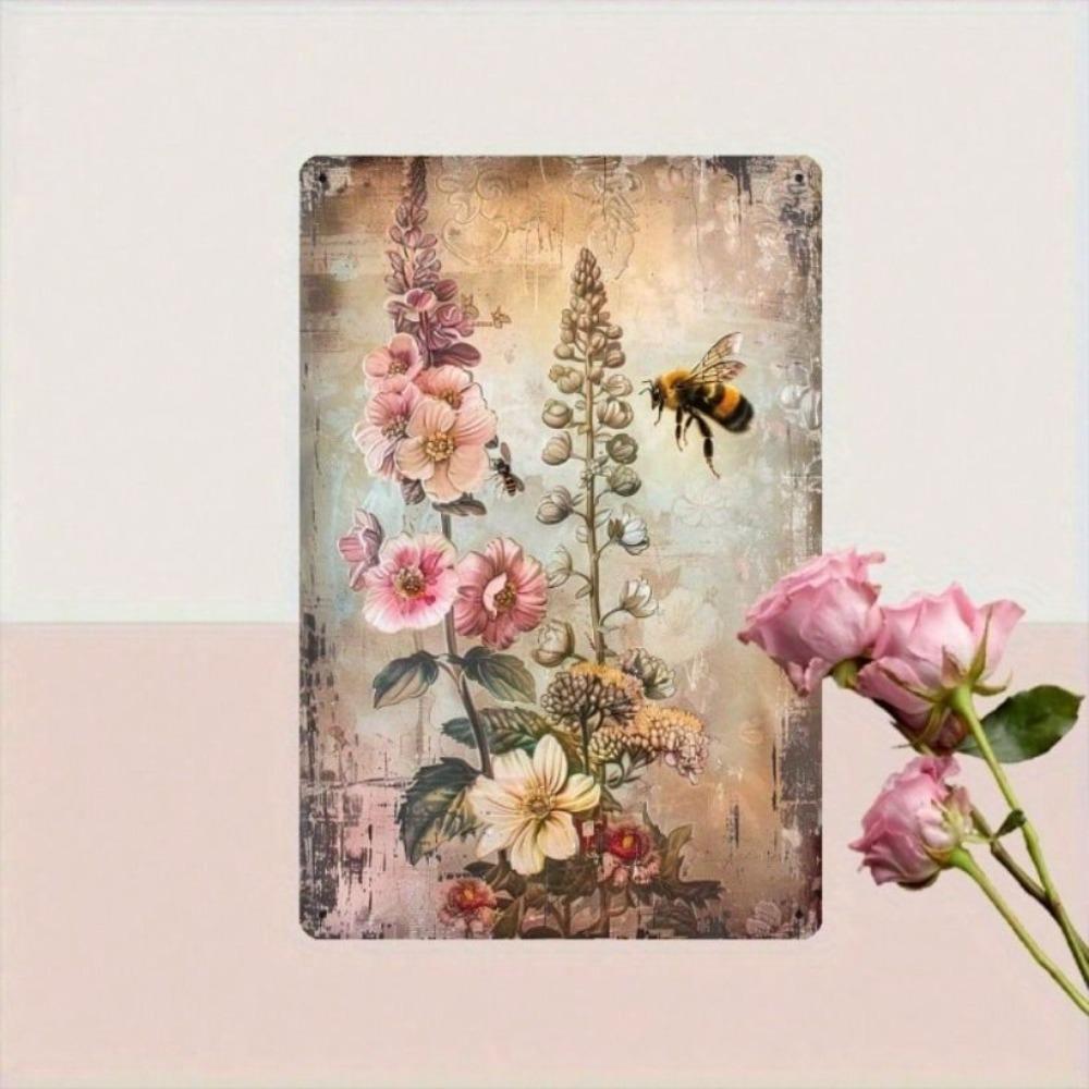 Vintage Metal Poster Bee Flowers, Wall Tin Sign for Kitchen Bar Decor 8x12 Inch