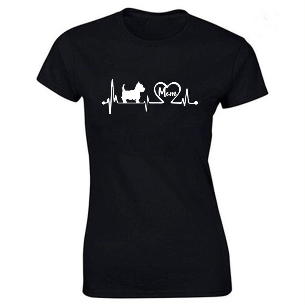 

Westie Dog Mom Heartbeat Lover Print Graphic Women Tshirts Cotton Casual Funny T Shirt for Lady Yong Girl Top Tee Black White L