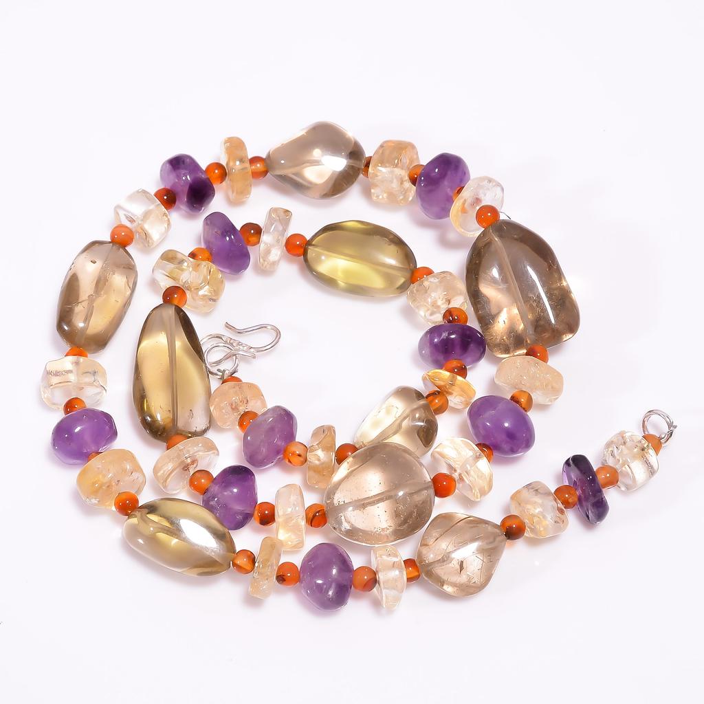 Smoky Quartz Amethyst Carnelian Gemstone Beads Necklace 3-21 mm 18" UB-8037 UB-8037