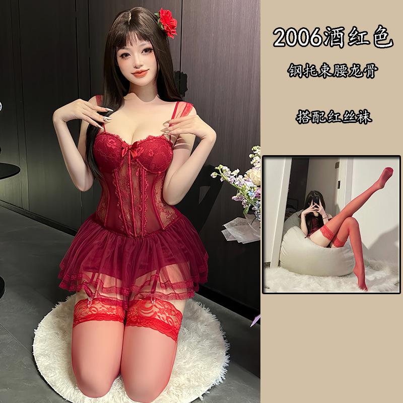 Shi Meisha: Sexy mesh perspective temptation chest pad steel ring gathering slim nightdress sexy underwear women's uniform