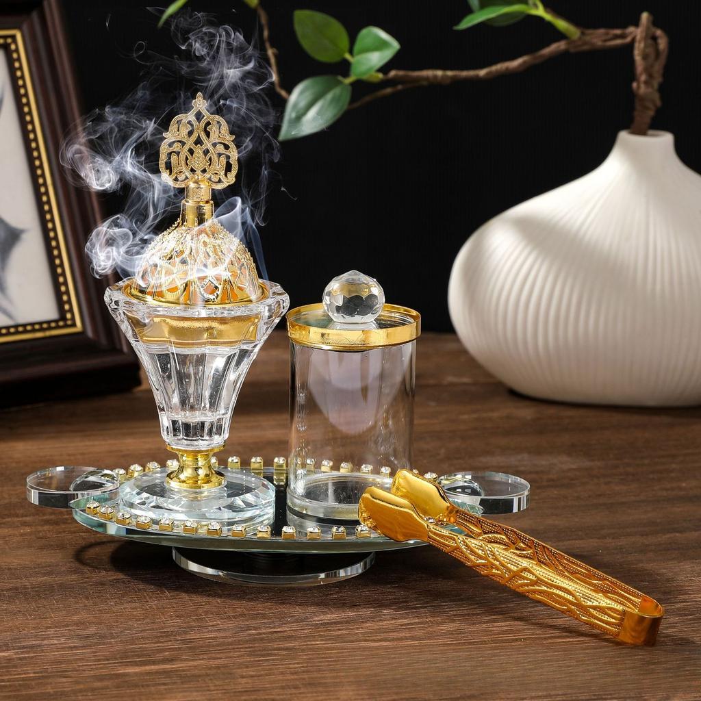 Middle East living room incenseburner ornament incense burner set gold crystal glass incense burner rotating tray incense burner