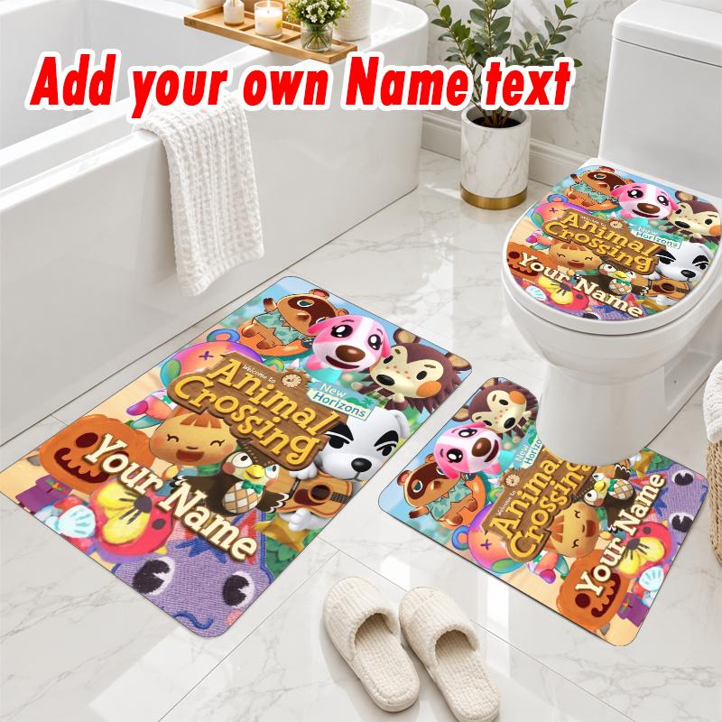 Personalized Animal Crossing 3Pcs Flannel Toilet Mat Set Custom Text Bathroom Rug Non Slip