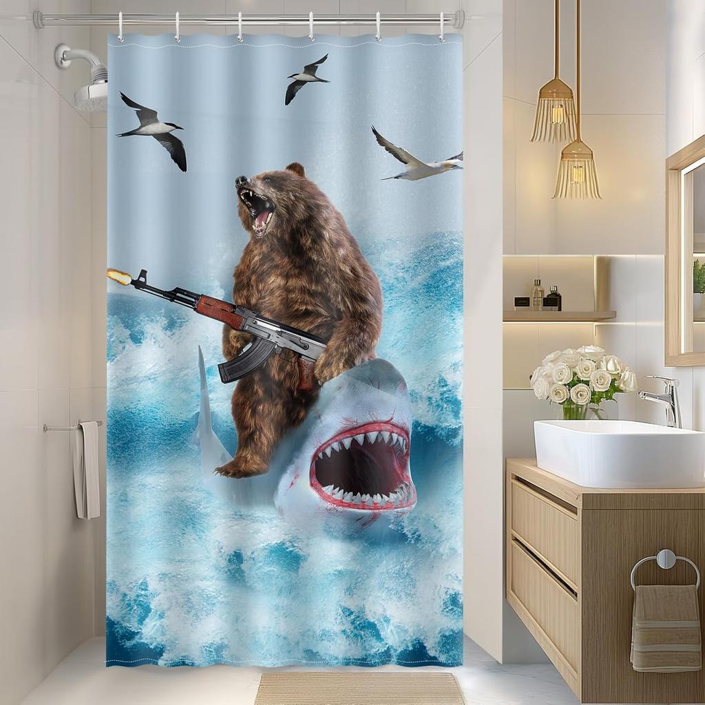 Funny Cat Shower Curtains Cute Cat Riding Whale Shark Fantasy Jellyfish Fun Shower Curtain Set with Kids Bathroom