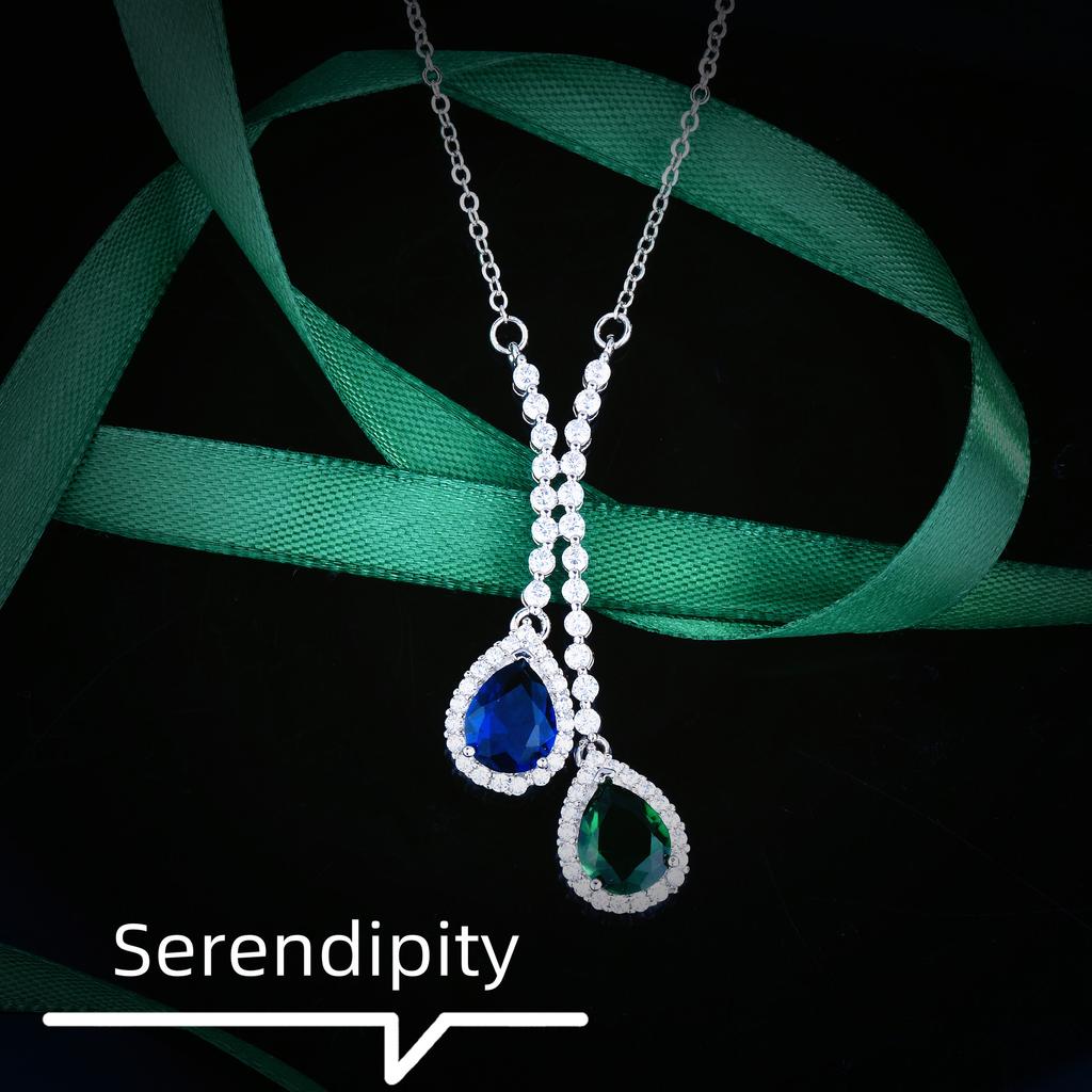 Fashion Luxury Imitation Natural Sapphire Necklace, Celebrity Style Slightly Set With Emerald Water Drop Pear-Shaped Chain For Women