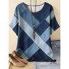 Women's Fashionable Breathable Round Neck Striped Grid Short Sleeved T-shirt Comfortable Soft Breathable Loose Summer Plus Size T-shirt