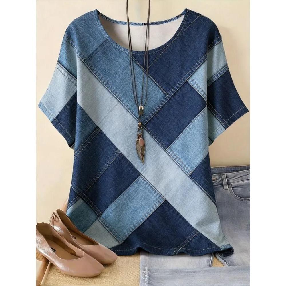 Women's Fashionable Breathable Round Neck Striped Grid Short Sleeved T-shirt Comfortable Soft Breathable Loose Summer Plus Size T-shirt