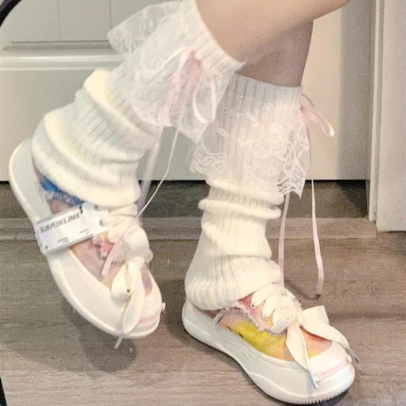 Ladies Autumn New Warm Thermal Storage Lace Knitted Ribbon Bow in The Tube Pile Stocking