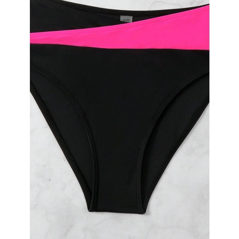Women's Neon Pink Black Color Block Twist Front Bikini Set High Waist Two Piece Swimsuit