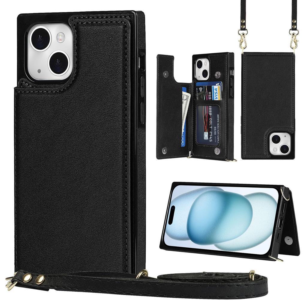 For iPhone 15 RFID Blocking Card Holder Back Cover Kickstand Phone Case with Shoulder Strap
