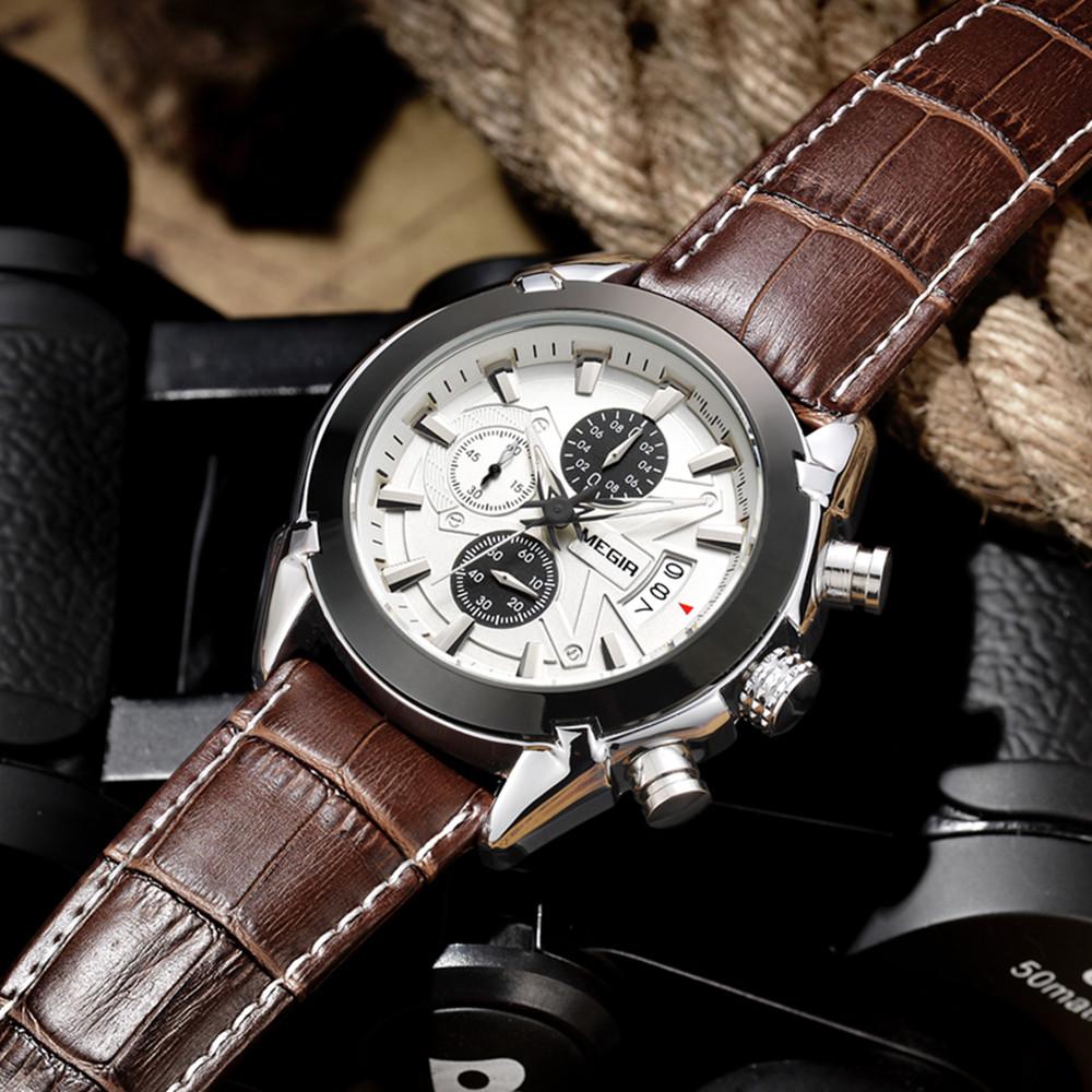 MEGIR Brand Fashion Sport Watch for Men 47MM Big Dial Clock Waterproof Casual Quartz Wristwatch Leather Strap Chronograph 2020