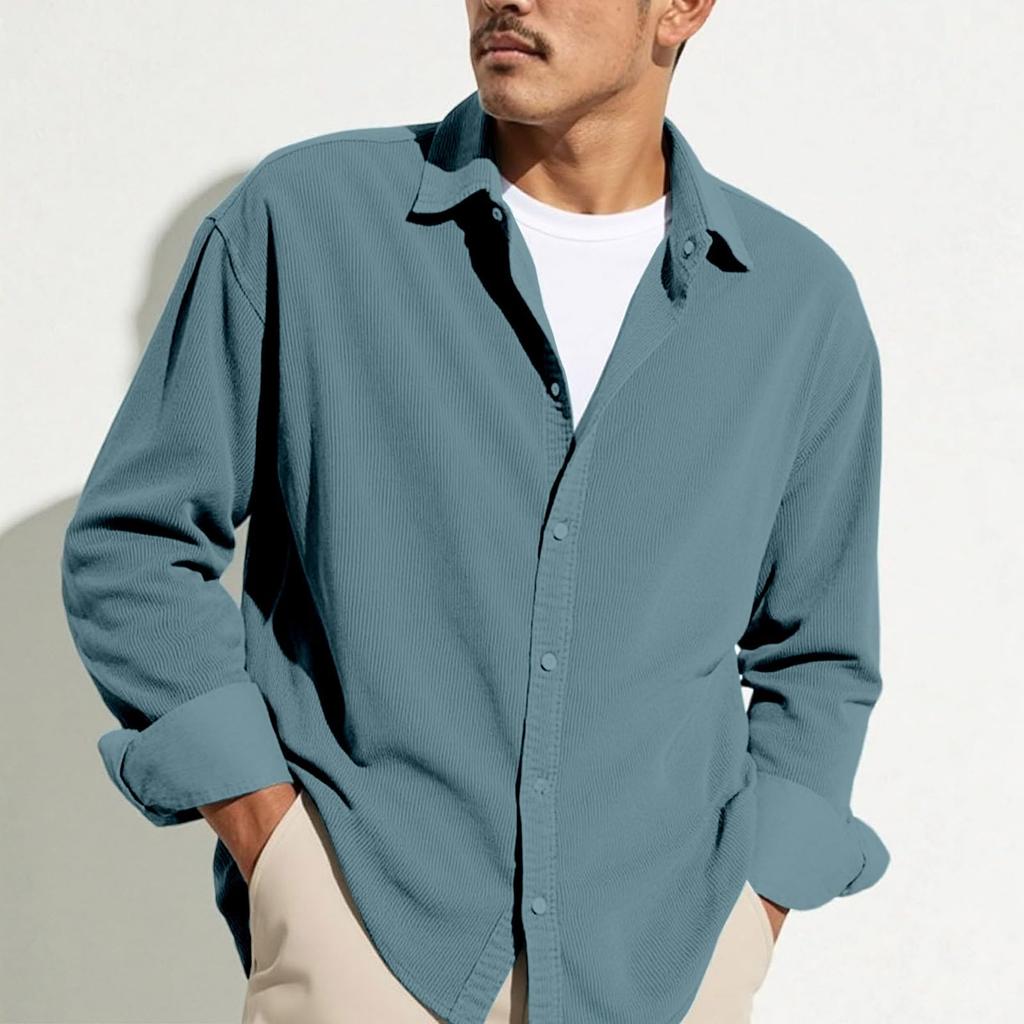 Men's Casual -color Lightweight Breathable Corduroy Button-down Shirt - Men's Stylish Loose-fitting Long-sleeved Shirt