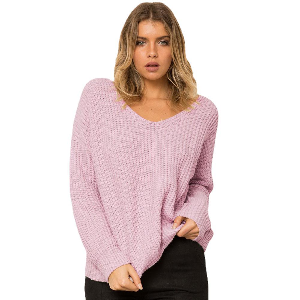 European Style V-neck Crossover Open Back Knitwear Sweater - Solid Color Women's Pullover Outerwear Base Layer