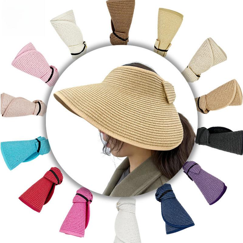 Neutral Top Straw Hat Sun Protection Cap With Butterfly Knot For Travel Beach