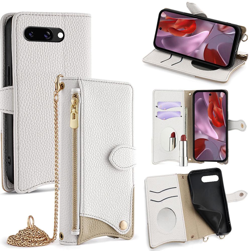 

For Google Pixel 9a Leather Case Wallet Stand Cover Irregular Tail Style with Chain Strap White