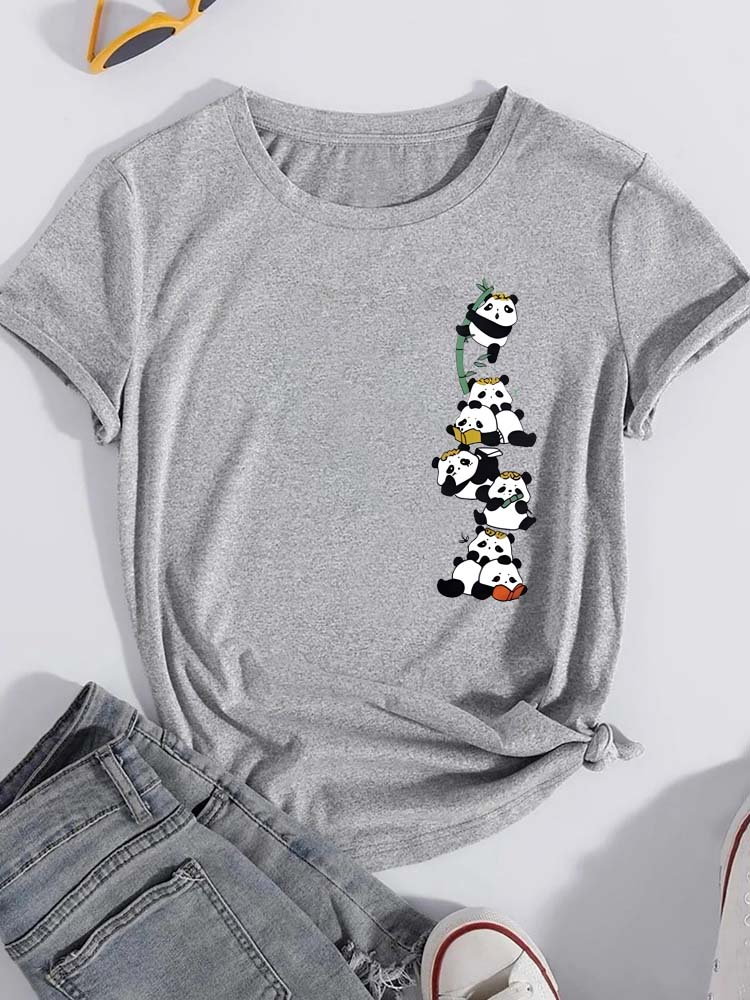 Cute Panda Pure Cotton Printed Unisexs and Womens Loose Casual Short Sleeved New Personalized Fashion Trend Round Neck Tshirt