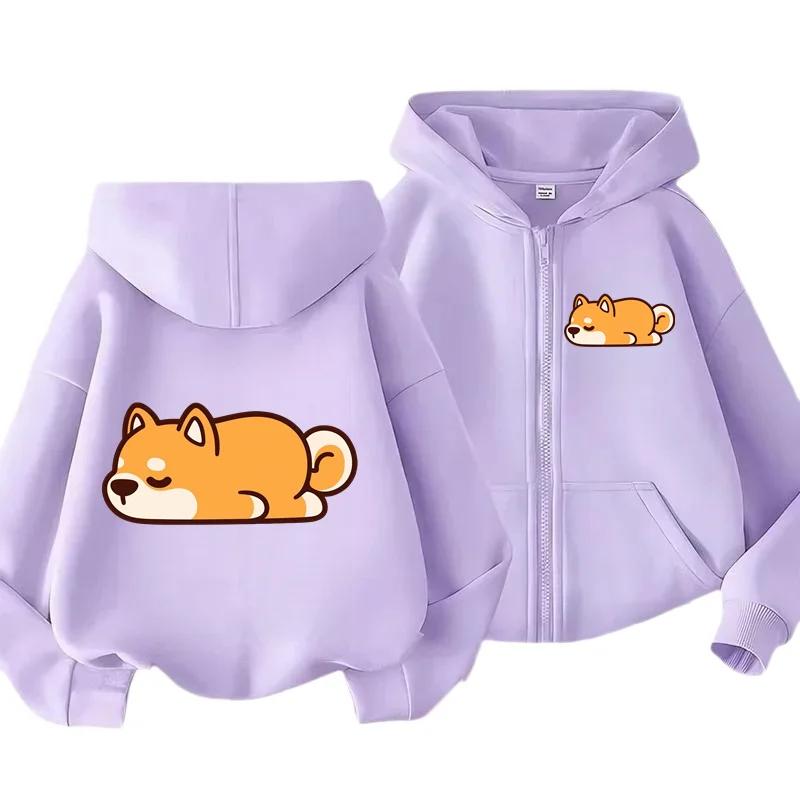Sleeping Shiba Inu Front Back Print Zip Up Hoodie Kids Long Sleeve Lightweight Autumn Casual Cartoon Animal Children Outerwear