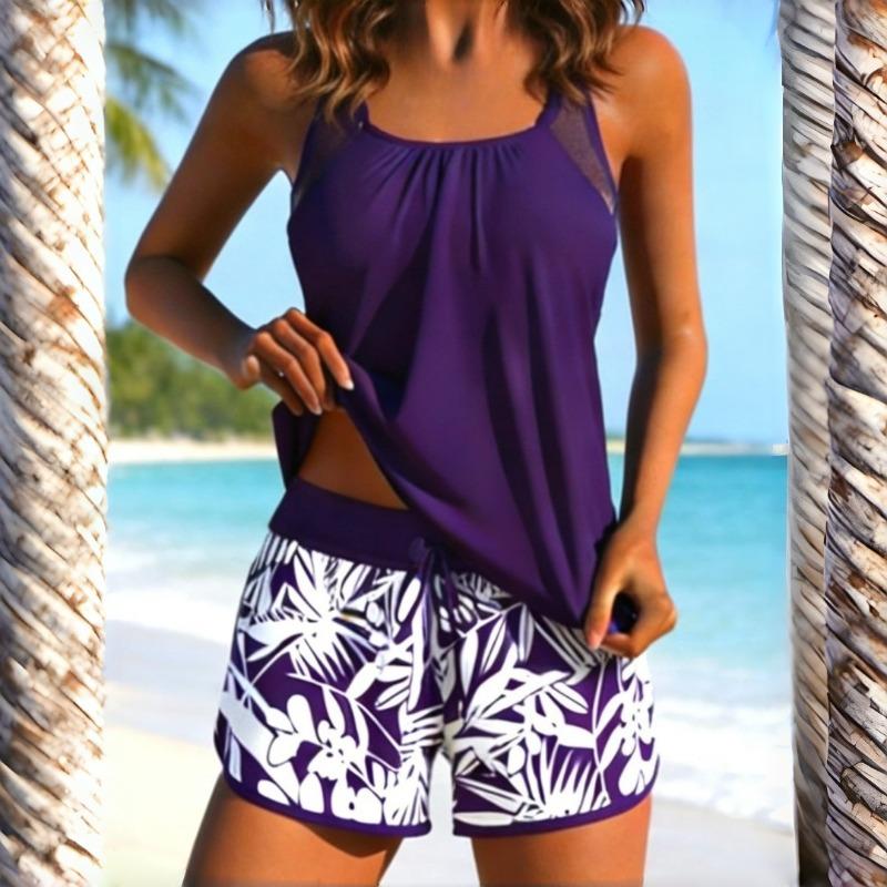 Europa y Estados Unidos para Traje de Baño de Impresión Dividida Mujer Alto Sentido de Gama Talla Grande Holgado Vacaciones en Aguas Termales Traje de Baño Tankini Mujer