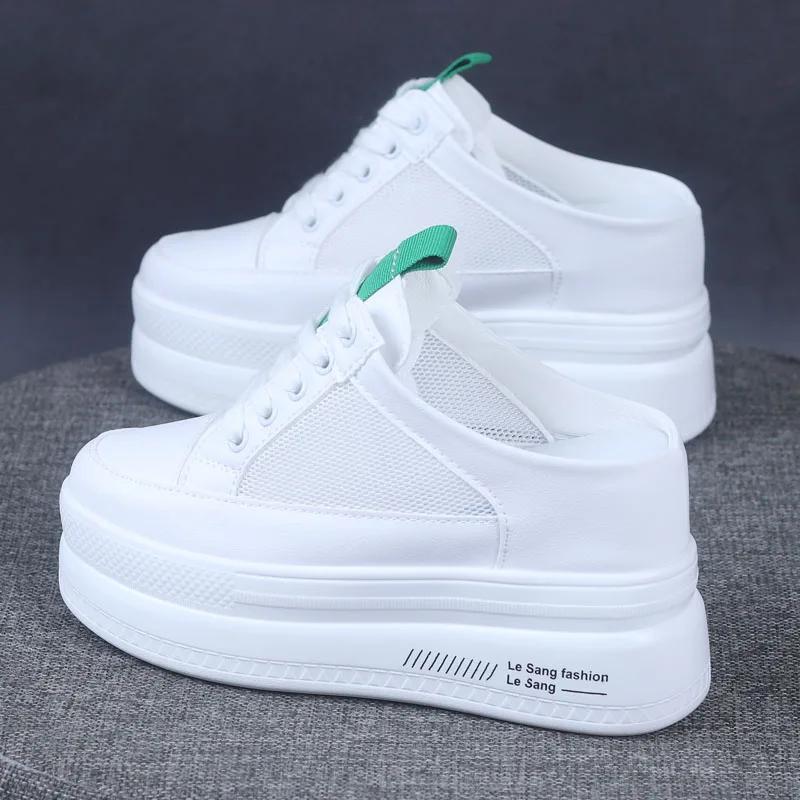 Fashion 2025 Spring and Summer Mesh White Shoes Baotou Half Slippers Women's Thick Bottom Increased 10CM Lazy Shoes White Sneakers