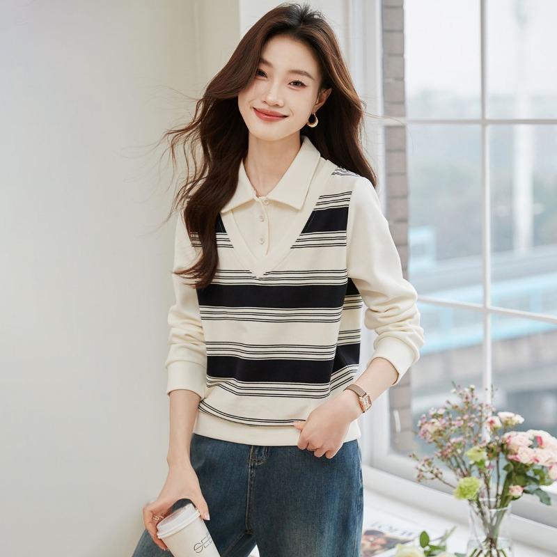 Women's Olive Green Stripe Knit Sweater Polo Collar Long Sleeve Loose Fit Casual Top