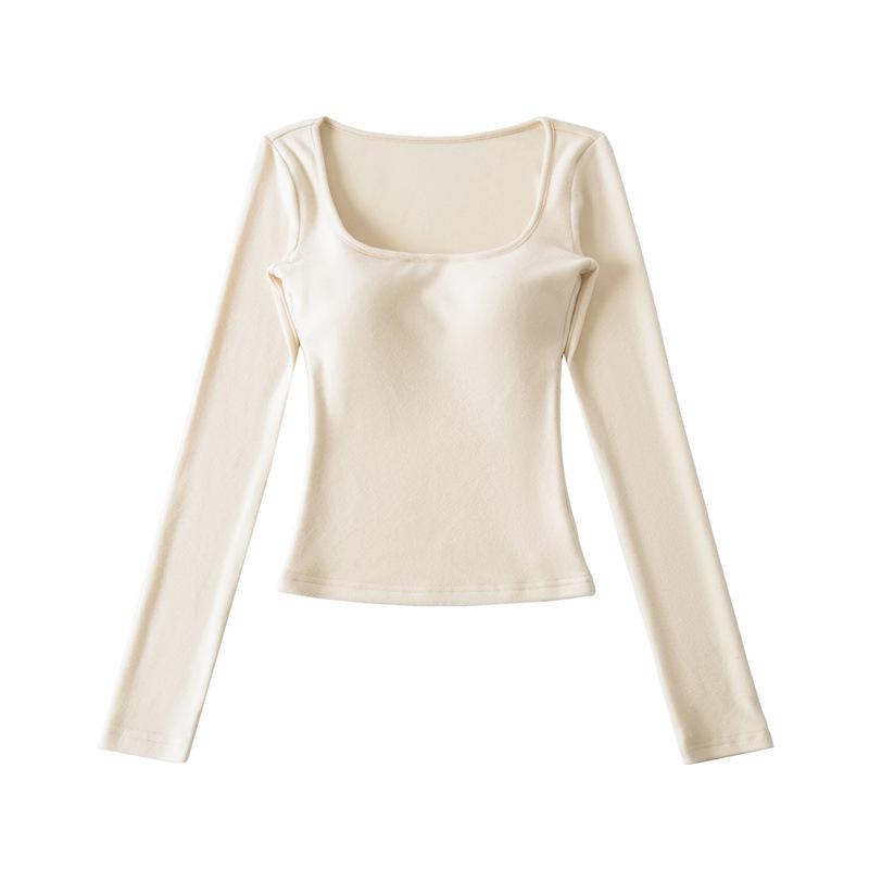 Korean Square Neck Slimming Long Sleeve T-Shirt with Chest Pads and Waist-Cinching Design for Women - Spring/Autumn