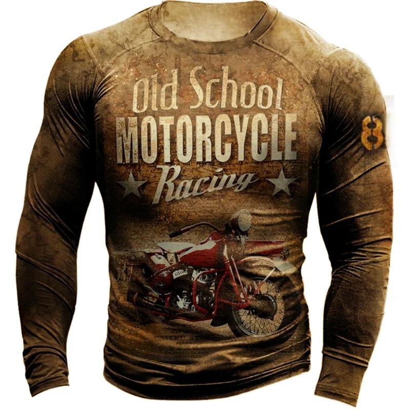 Men's Autumn and Winter Motorcycle T-shirt, 3D Printed Retro Long Sleeved Motorcycle Rider T-shirt, Oversized T-shirt, Men's