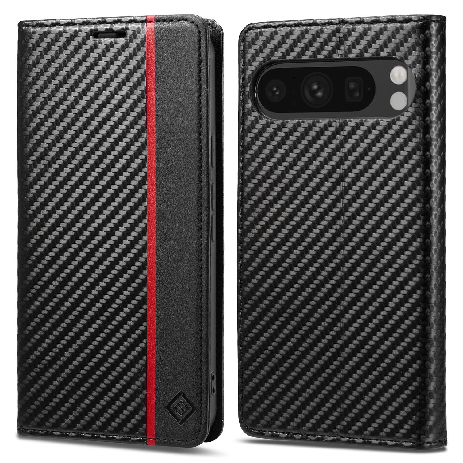

LC.IMEEKE For Google Pixel 10 Pro XL Wallet Case Carbon Fiber Texture Leather Phone Cover Vertical Stripe