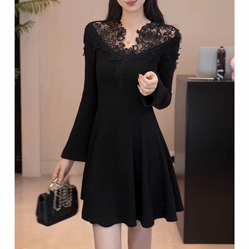 Autumn 2025 Gold Lace Patchwork V-Neck Dress – Long Sleeve, Short Skirt Small чёрный