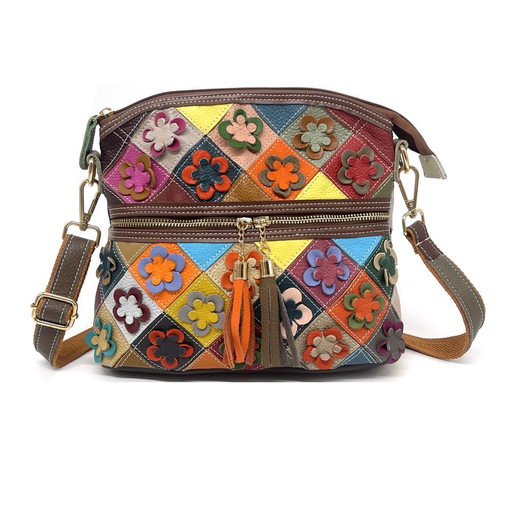 Torba Crossbody z prawdziwej skóry w patchwork kwiatowy z motywem kwiatu śliwy - Modna torebka damska w stylu europejskim i amerykańskim