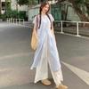 Blue striped short-sleeved shirt dress women's summer 2026 new loose casual fashion wide-leg pants two-piece set