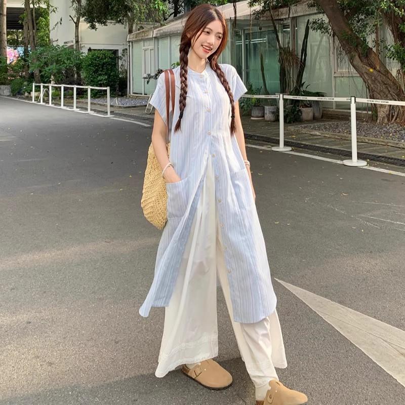 Blue striped short-sleeved shirt dress women's summer 2026 new loose casual fashion wide-leg pants two-piece set