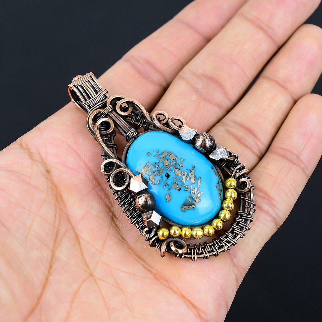 Irani Turquoise 999 Copper Wire Wrapped Pendant, Handmade Gemstone Pendant Jewelry, Gifts For Wife Brand New Pendant
