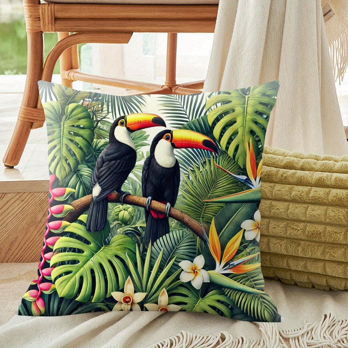 Panika Chen Unisex 2D Flat- Tropical Rainforest Toucan Throw Pillow Cover Jungle Botanical Floral Cushion Case For Home Decor