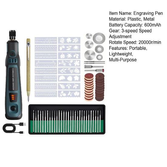 Electric Engraving Pen Cordless USB-C Rechargeable Engraver Tool 20000r/min Rotary Machine Quiet Engraving Kit